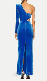 Gianni One Shoulder Velvet Cutout Maxi Dress