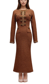 amelia braided-edge tweed midi dress in brown