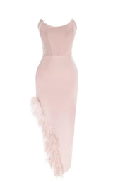 FEATHER TRIM SPLIT MIDI DRESS IN BUBBLEGUM