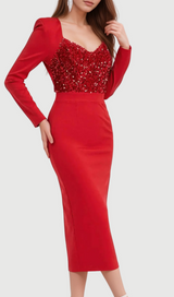 MELISSA LONG SLEEVE PATCHWORK SEQUIN MIDI DRESS IN RED