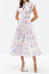 multicolor floral print a-line midi dress