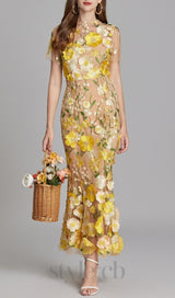 FLORAL EMBROIDERY MESH FISHTAIL MIDI DRESS IN YELLOW