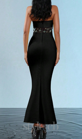 mesh splice rhinestone decor black maxi bandage dress