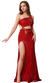 althea Manidis One-Shoulder Sequin Glitter High Slit Mermaid Dress