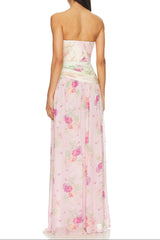 PINTIL STRAPLESS PLEATED FLORAL MAXI DRESS IN MULTI