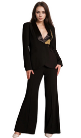 angela Primatou Black Embroidered Flared Blazer Suit
