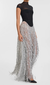 tassel sequin black corset maxi dress
