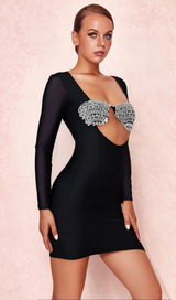 MESH-SLEEVE CRYSTAL BUSTIER BANDAGE DRESS IN BLACK
