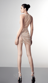pearl-embellished fish bone mini dress in apricot