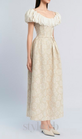 boat neck corset maxi dress in beige