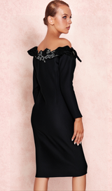 RUBIDES DIAMOND BANDAGE MIDI DRESS IN BLACK