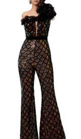 Mermaid Scale Floral One-Shoulder Sequin Jumpsuit