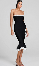 STRAPLESS BANDAGE BODYCON MIDI DRESS IN BLACK