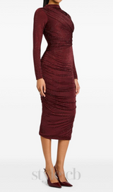 Diamond embellished pleated Midi Dress in merlot