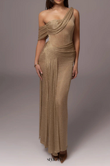 one-shoulder draped bodycon maxi dress in khaki