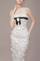 Strapless Flower Embroidery Maxi Dress In White