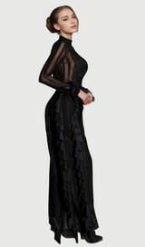 alani Panagas Long Sleeve Mesh Ruffle Dress