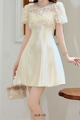 Floral Lace Puff Sleeve A-Line mini Dress in apricot