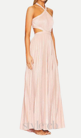 nancy halter cutout pleated gown in pale pink