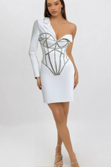 ADORNS ASYMMETRICAL ONE SHOULDER WHITE DRESS