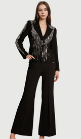 andrea Faidra Rhinestone Double Breasted Lapel Blazer in black