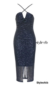 3D FLORAL HALTER SEQUIN MIDI DRESSIN NAVY BLUE DRESS STYLE OF CB