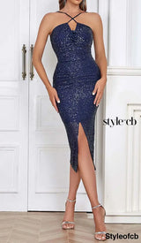 3D FLORAL HALTER SEQUIN MIDI DRESSIN NAVY BLUE DRESS STYLE OF CB