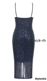 3D FLORAL HALTER SEQUIN MIDI DRESSIN NAVY BLUE DRESS STYLE OF CB