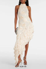 roberta white Asymmetric appliqué halter sleeveless midi dress