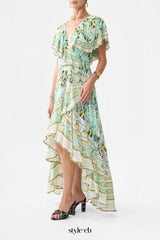 green-multi Printed ruffled V-neck irregular hem silk maxi dress