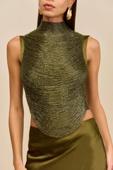 Sleeveless Turtleneck Tassel Paneled Top and Satin Skirt Set in green