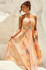 simona Sleeveless printed backless mini dress in apricot