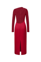 Eleanor Sheath Asymmetric Neck Taffeta Midi Dress in red