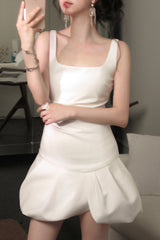 arabela square neck bud mini dress in beige