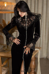 pandora black long sleeve Velvet midi dress with lace and pearls