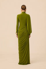 liz High Neck Asymmetric Drape ruched Maxi Dress in green