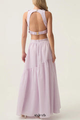 ashley Flower Shell Top Maxi Skirt set in purple