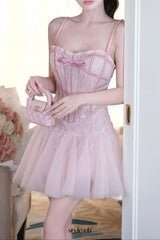 bow Tulle Corset mini Dress in Pink