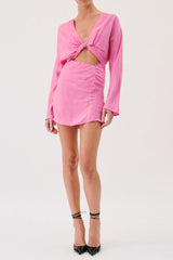 Long Sleeve Twist Front Mini Dress - Pink