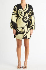 oceanic swirl v-neck puff sleeve mini dress