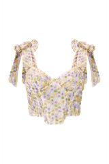 White Textured Floral Bow Strap Crop Top