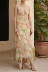 jessie Tie Dye v-neck Ruffle Tie-Up Midi Dress - green