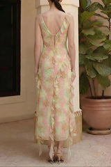 jessie Tie Dye v-neck Ruffle Tie-Up Midi Dress - green