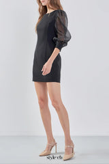 victoria organza puff sleeves mini dress in black
