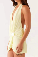 pale yellow Beach Halter Neck Mini Dress