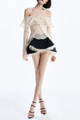 apricot One-shoulder tube top with backless ruffled mesh skirt set