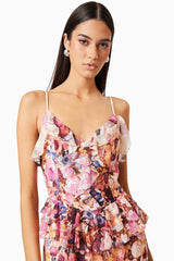 Perla Irregular floral print maxi dress in pink red