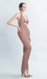 HALTERNECK HOLLOW RHINESTONE MIDI DRESS