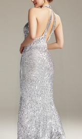BARBARA HALTER SEQUIN MAXI DRESS IN SILVER