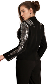 andrea Faidra Rhinestone Double Breasted Lapel Blazer in black